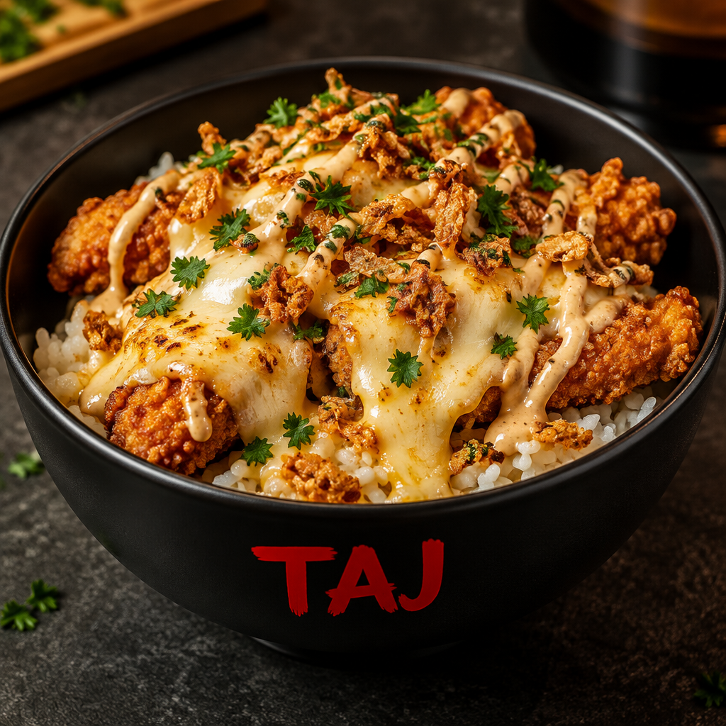 Illustration culinaire : Taj Crousty gratiné au fromage dans un bol noir