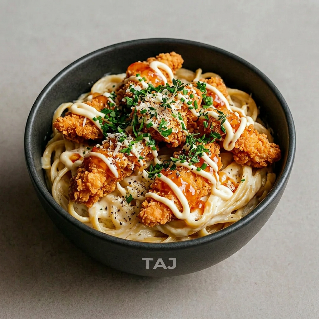 Illustration culinaire : Taj Crousty aux pâtes crémeuses et poulet croustillant