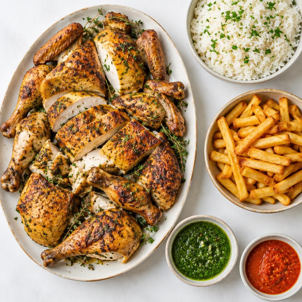 Illustration culinaire d’un repas à partager : poulet, riz, frites et sauces